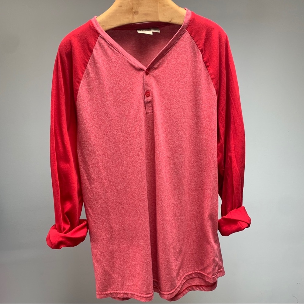 Red Long Sleeve Baseball Henley Shirt | M |